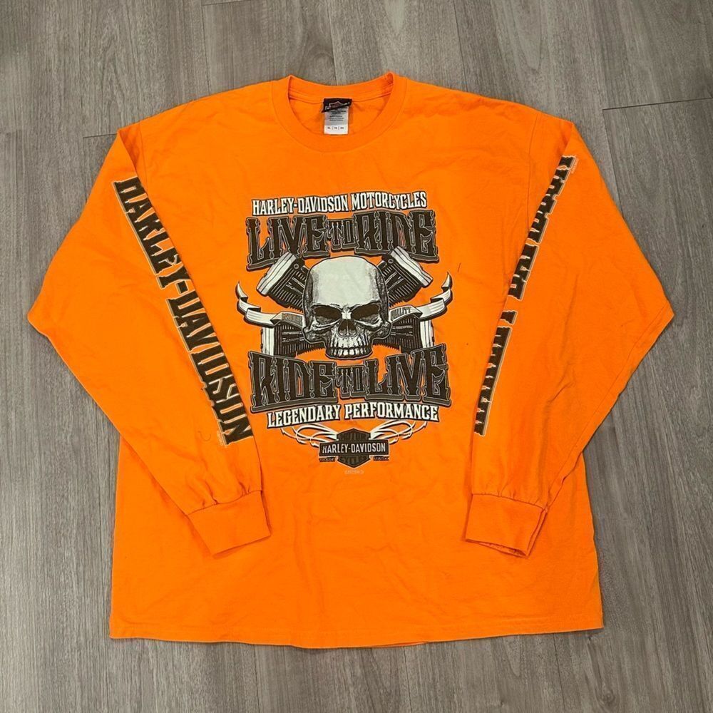 Harley-Davidson Orange Long Sleeve Malyasia Motorcycle Live to Die Casual Shirt